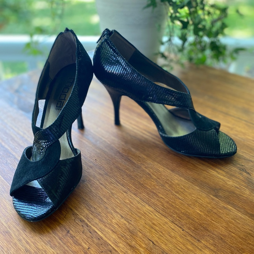 Moda Spana - Dressy Black Snake Skin and Suede Heels.  Size 7.5